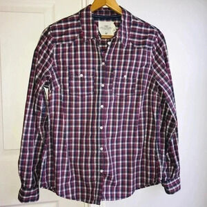 H&M Women’s 12 Large Lightweight Red Blue Plaid Long Sleeve Casual Button Down